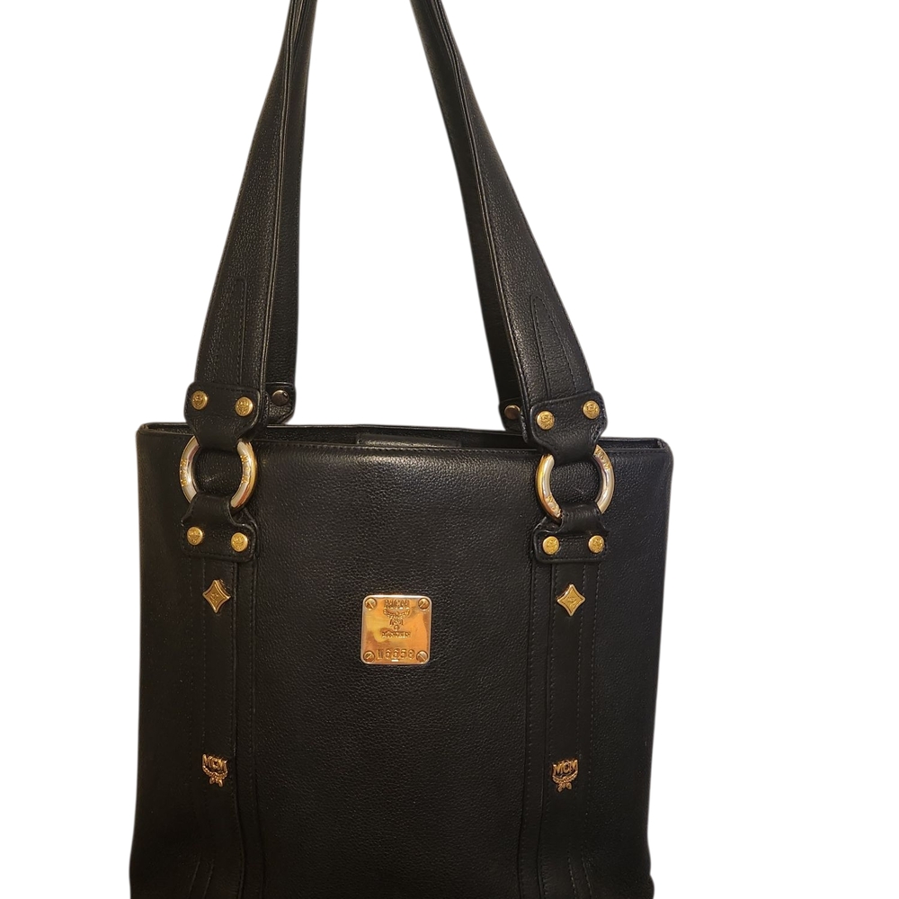MCM Black and Gold Leather Tote Bag with Studded Details